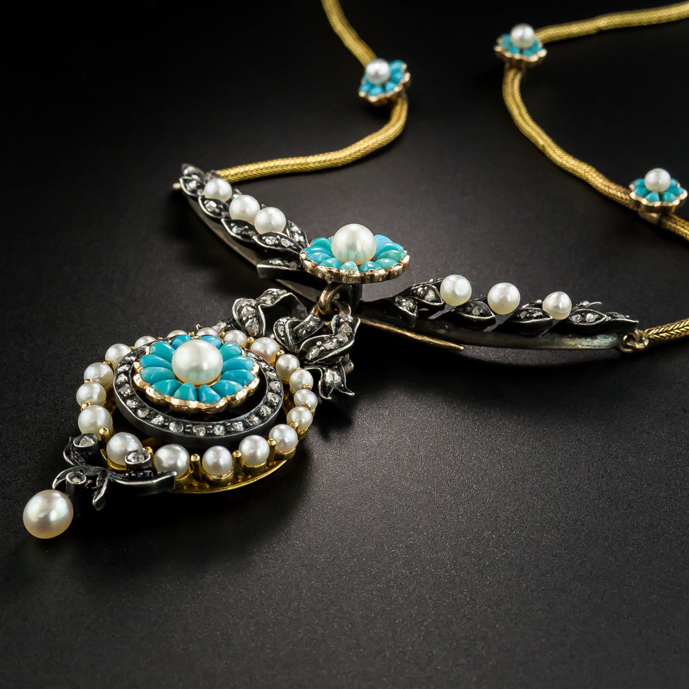 French Antique Turquoise, Natural Pearl and Diamond Necklace - 2