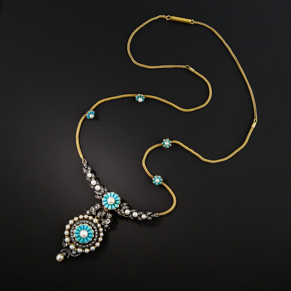 French Antique Turquoise, Natural Pearl and Diamond Necklace - 3