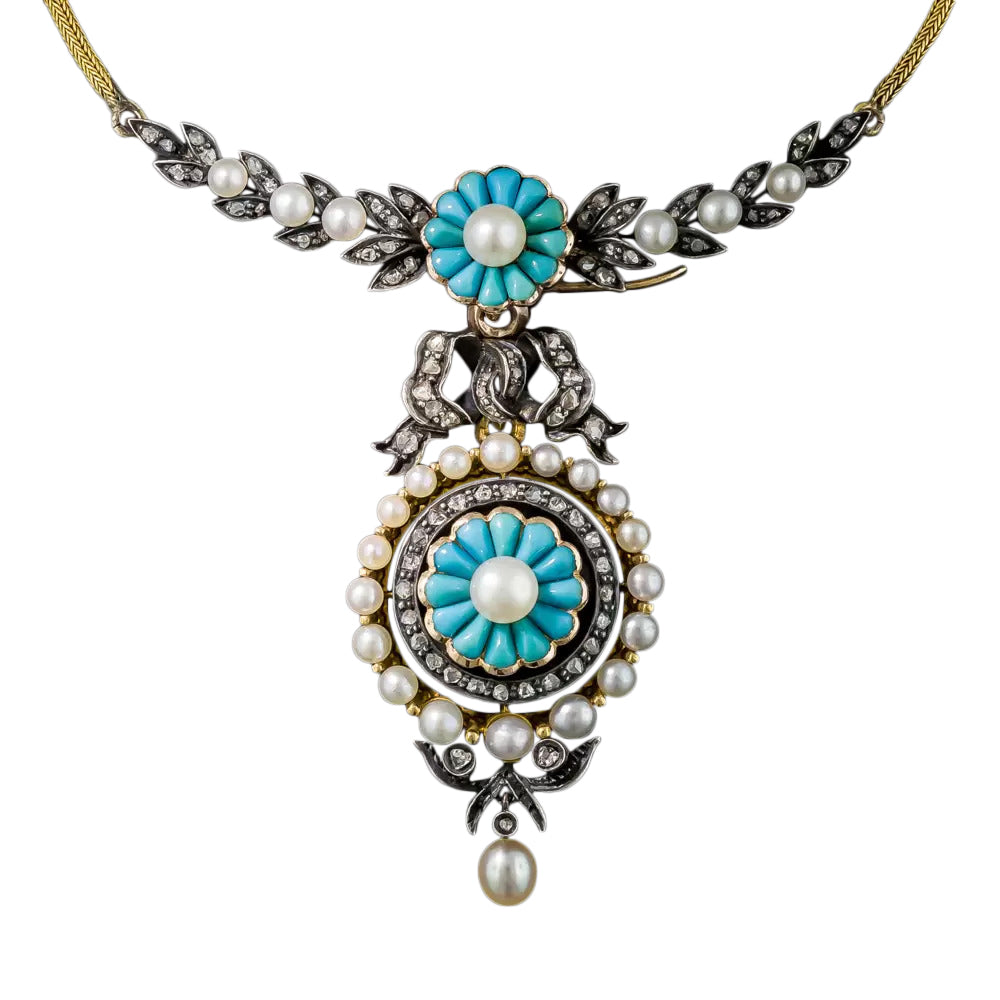 French Antique Turquoise, Natural Pearl and Diamond Necklace - 4