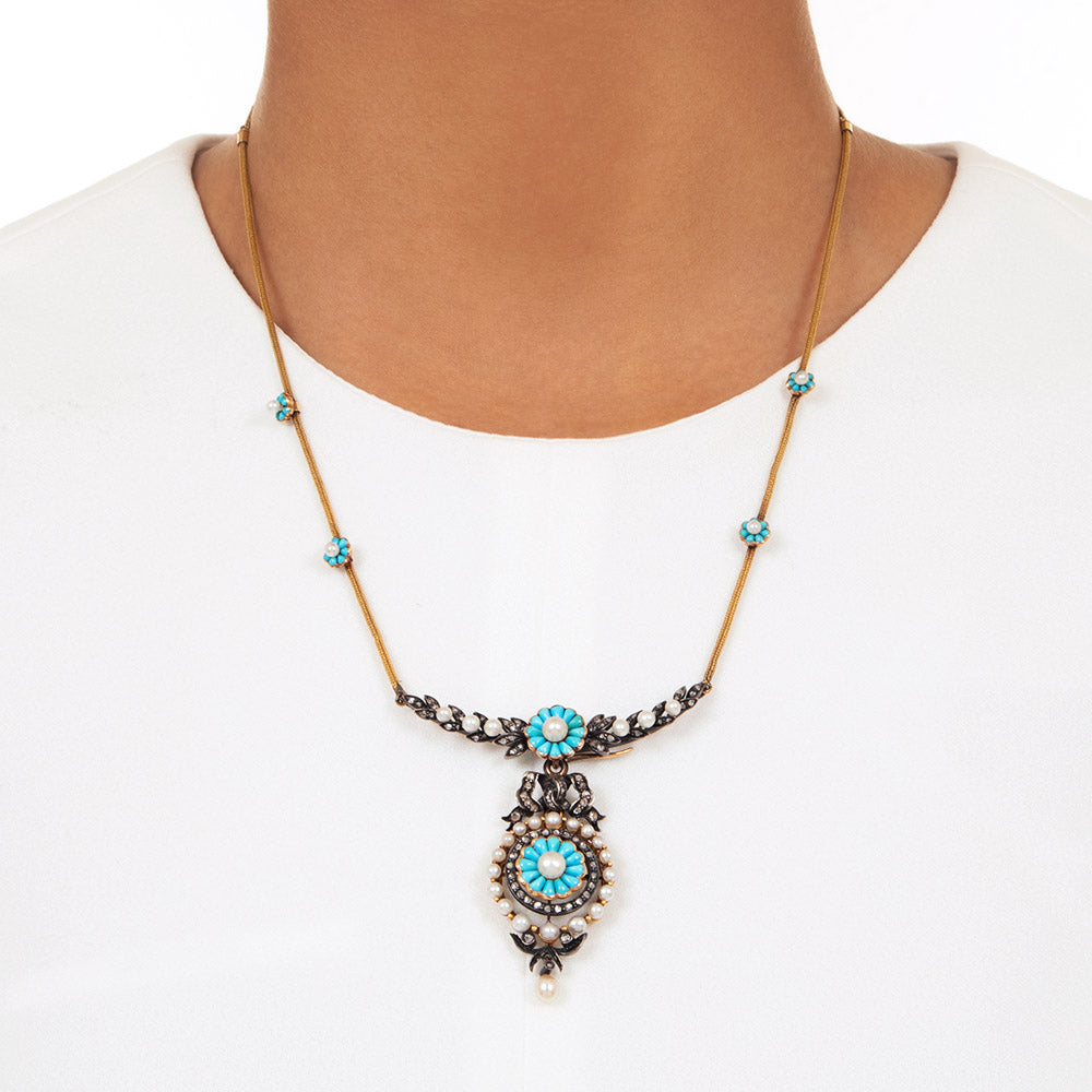 French Antique Turquoise, Natural Pearl and Diamond Necklace - 6