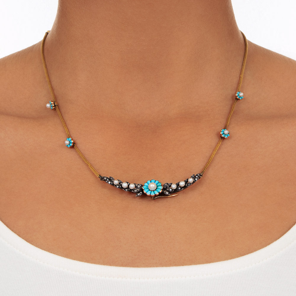 French Antique Turquoise, Natural Pearl and Diamond Necklace - 7