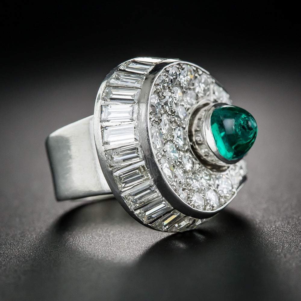 French Art Deco Cabochon Emerald And Diamond Ring - 9