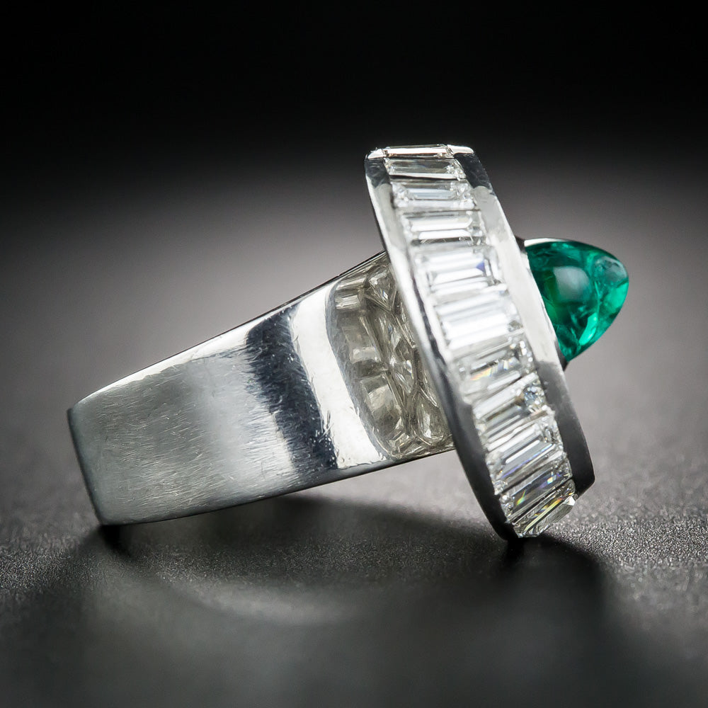 French Art Deco Cabochon Emerald And Diamond Ring - 10