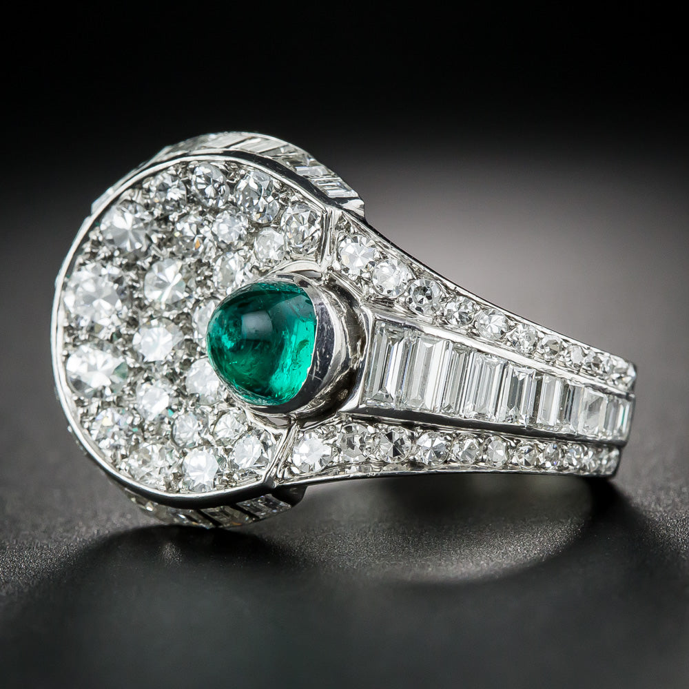 French Art Deco Cabochon Emerald And Diamond Ring - 11