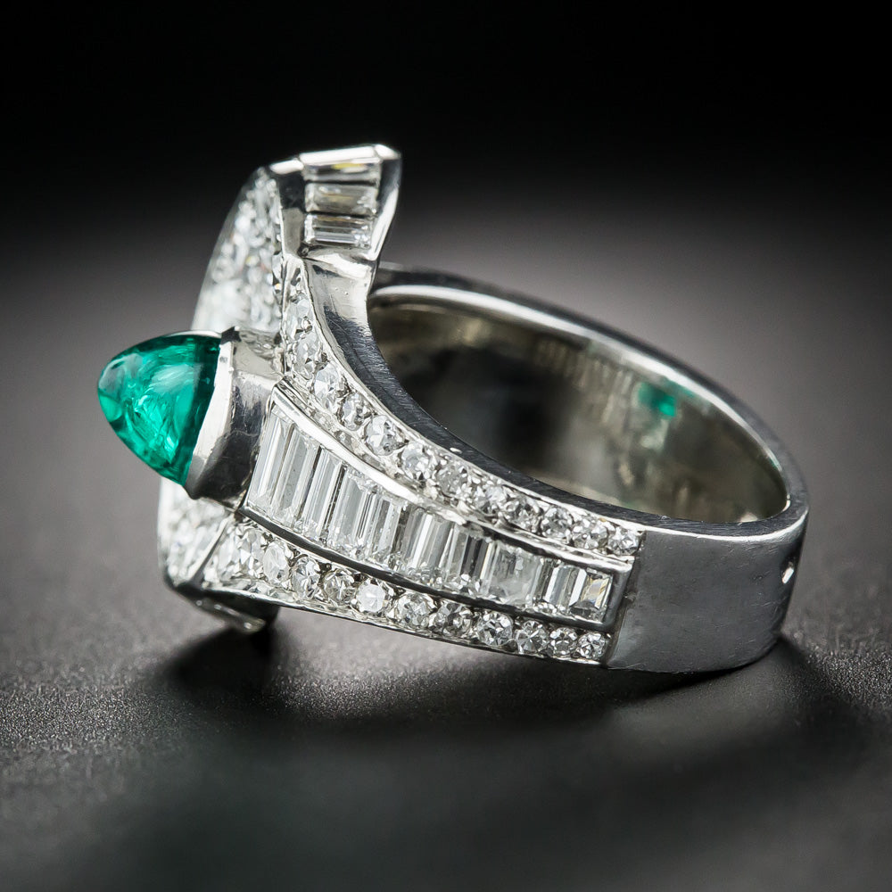French Art Deco Cabochon Emerald And Diamond Ring - 12