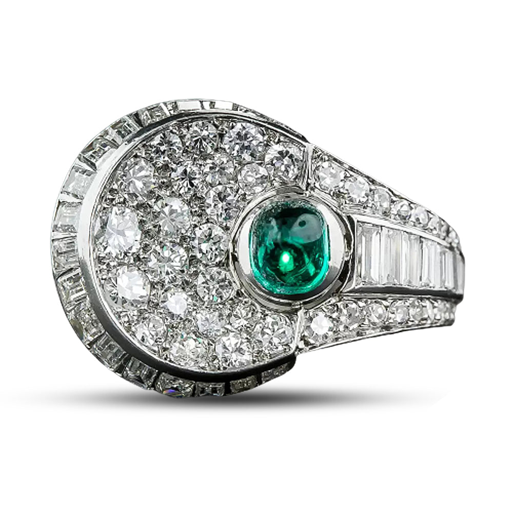 French Art Deco Cabochon Emerald And Diamond Ring - 6
