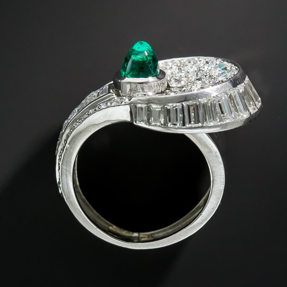 French Art Deco Cabochon Emerald And Diamond Ring - 13