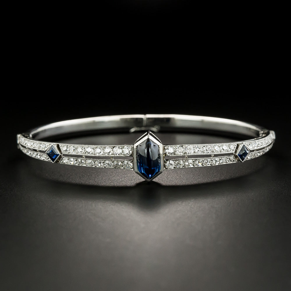 French Art Deco Cabochon Sapphire and Diamond Bangle Bracelet - 2