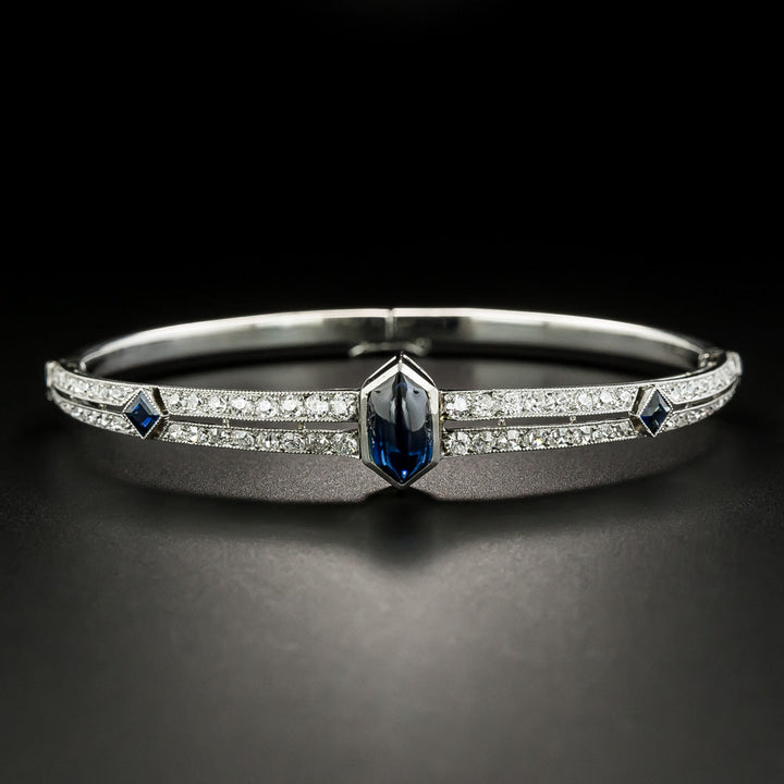 French Art Deco Cabochon Sapphire and Diamond Bangle Bracelet