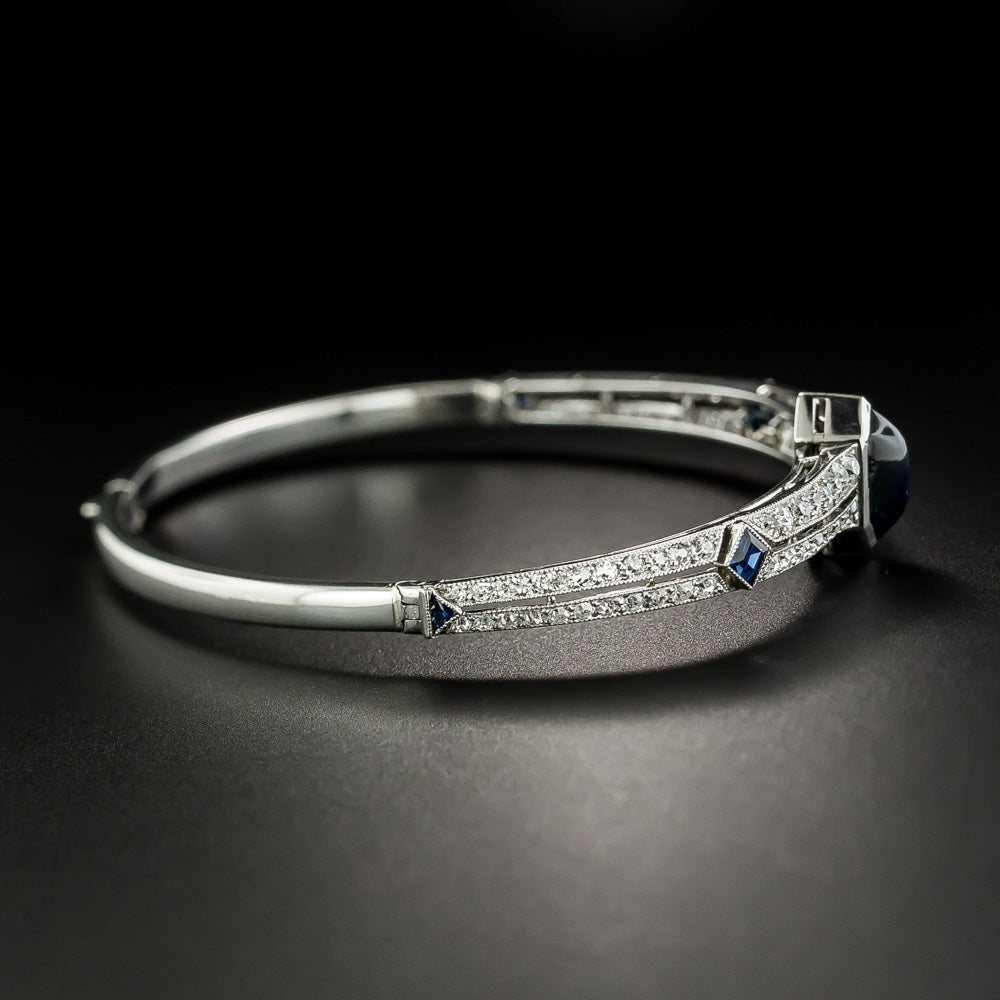 French Art Deco Cabochon Sapphire and Diamond Bangle Bracelet - 4
