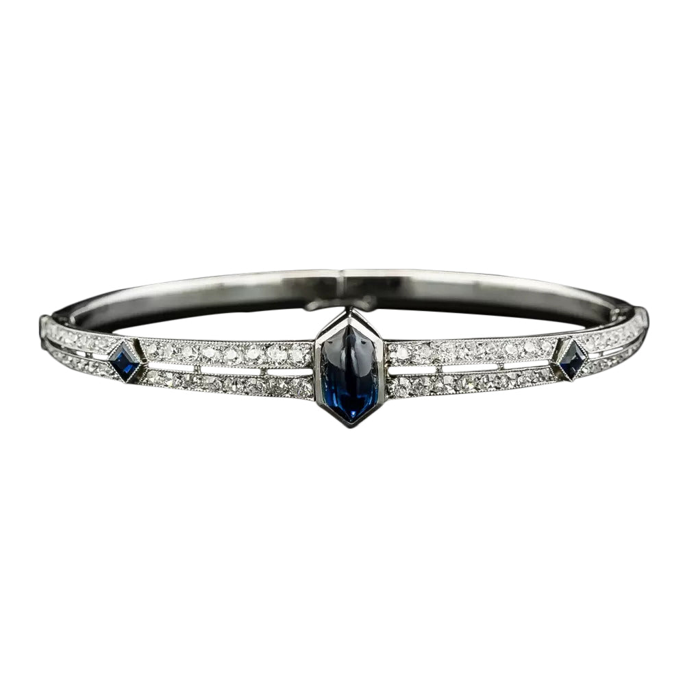 French Art Deco Cabochon Sapphire and Diamond Bangle Bracelet - 3