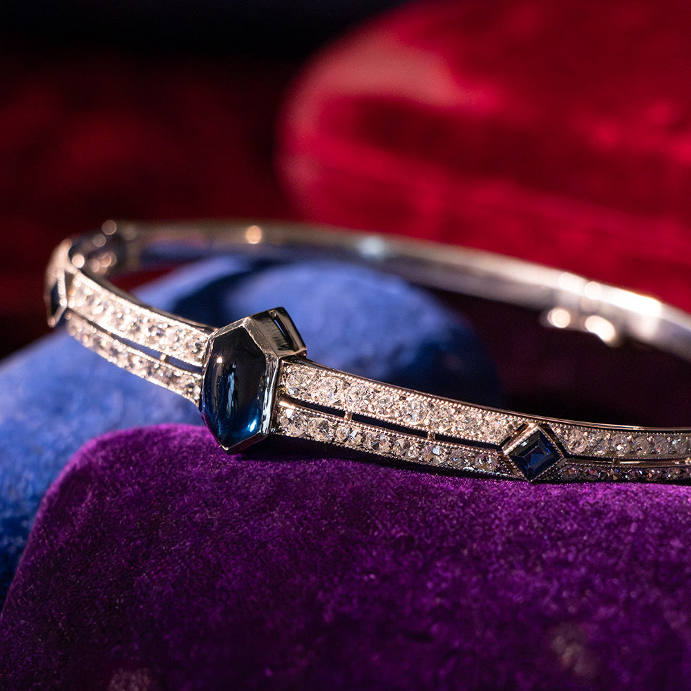 French Art Deco Cabochon Sapphire and Diamond Bangle Bracelet - 6
