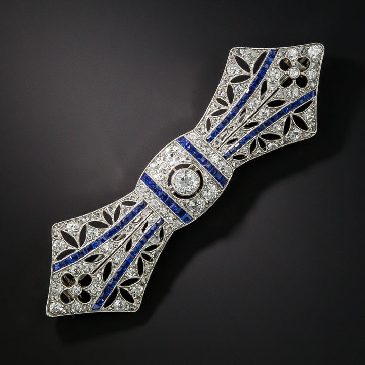 French Art Deco Diamond and Sapphire Bow Brooch