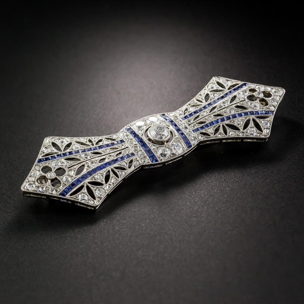French Art Deco Diamond and Sapphire Bow Brooch - 8