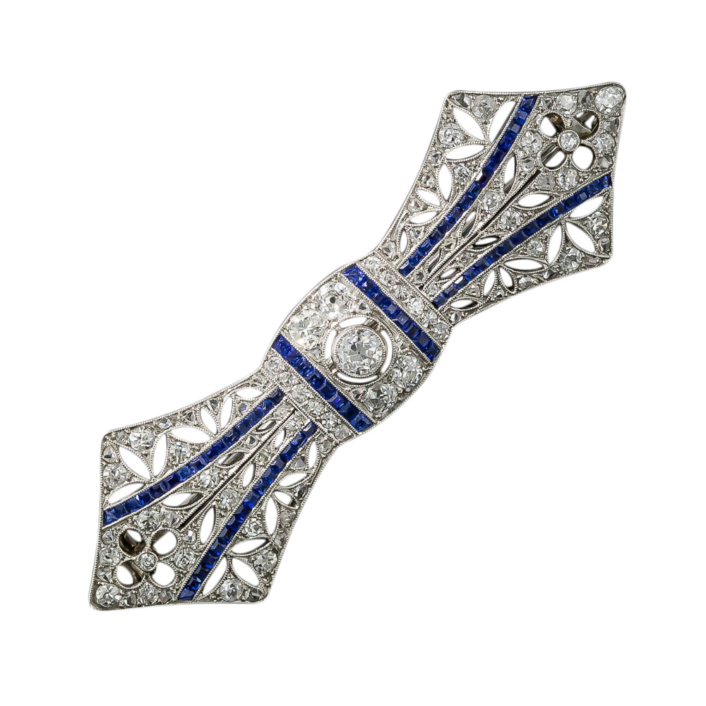French Art Deco Diamond and Sapphire Bow Brooch - 7