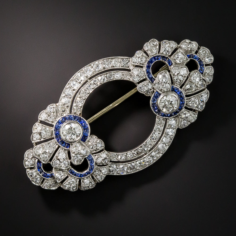 French Art Deco Diamond and Sapphire* Floral Circles Brooch - 1
