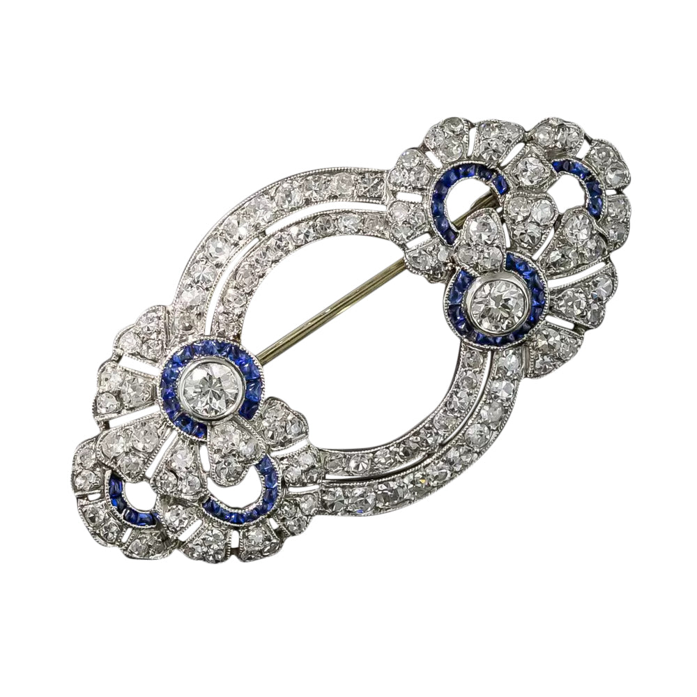 French Art Deco Diamond and Sapphire* Floral Circles Brooch - 5