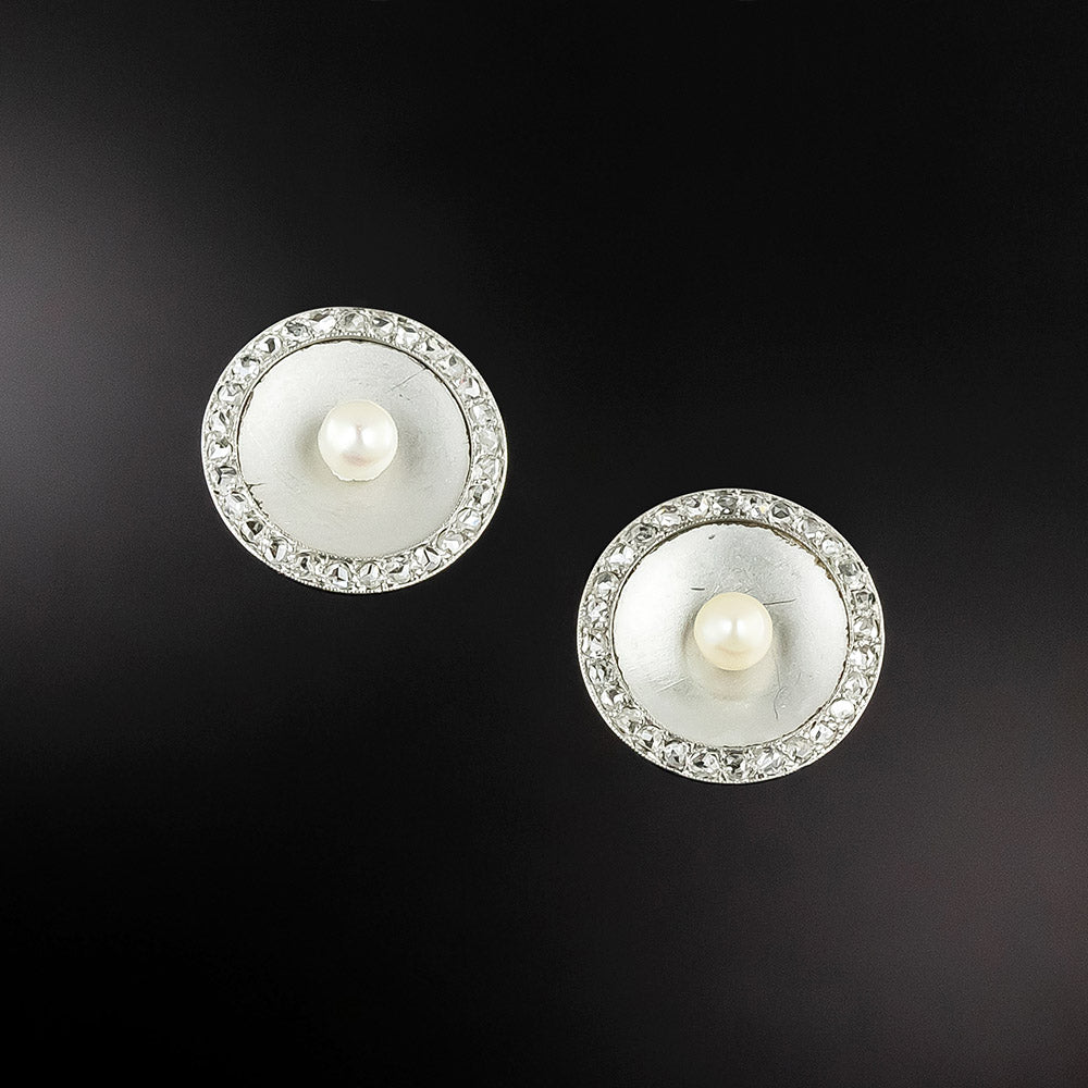 French Art Deco Natural Pearl and Diamond Disc Earrings - 2