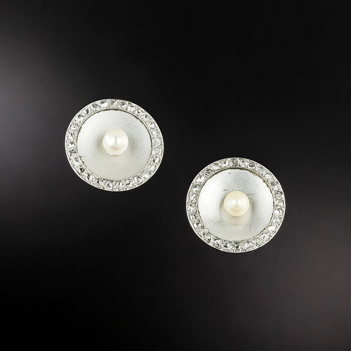 French Art Deco Natural Pearl and Diamond Disc Earrings