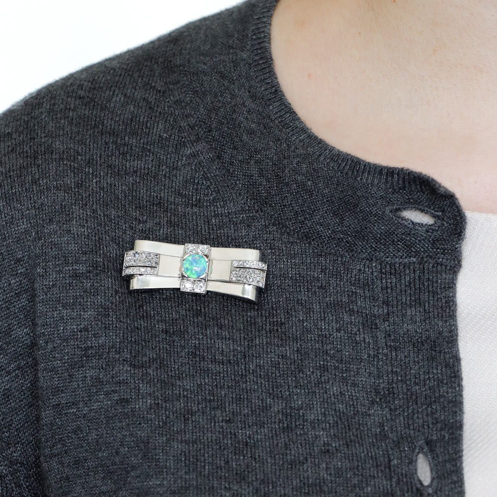 French Art Deco Opal and Diamond Geometric Bow Brooch - 2