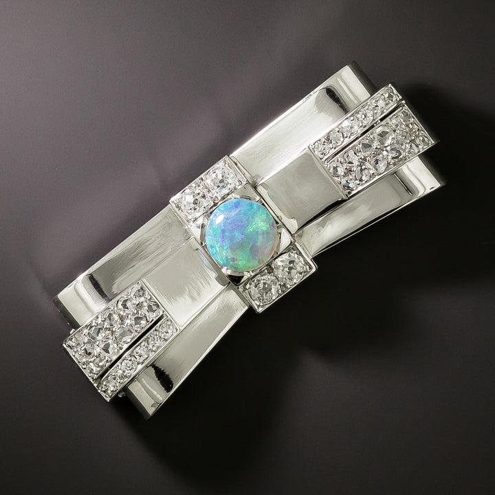 French Art Deco Opal and Diamond Geometric Bow Brooch
