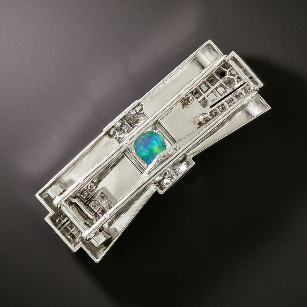 French Art Deco Opal and Diamond Geometric Bow Brooch - 2
