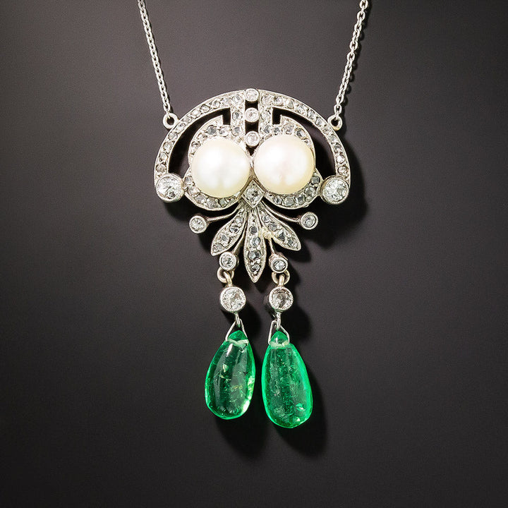 French Art Deco Pearl, Emerald and Diamond Lavalière - GIA