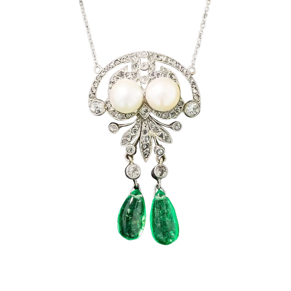 French Art Deco Pearl, Emerald and Diamond Lavalière - GIA - 3