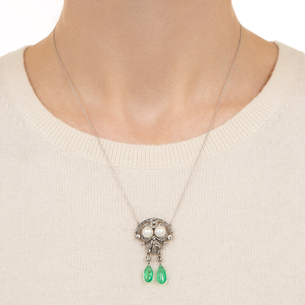French Art Deco Pearl, Emerald and Diamond Lavalière - GIA - 4