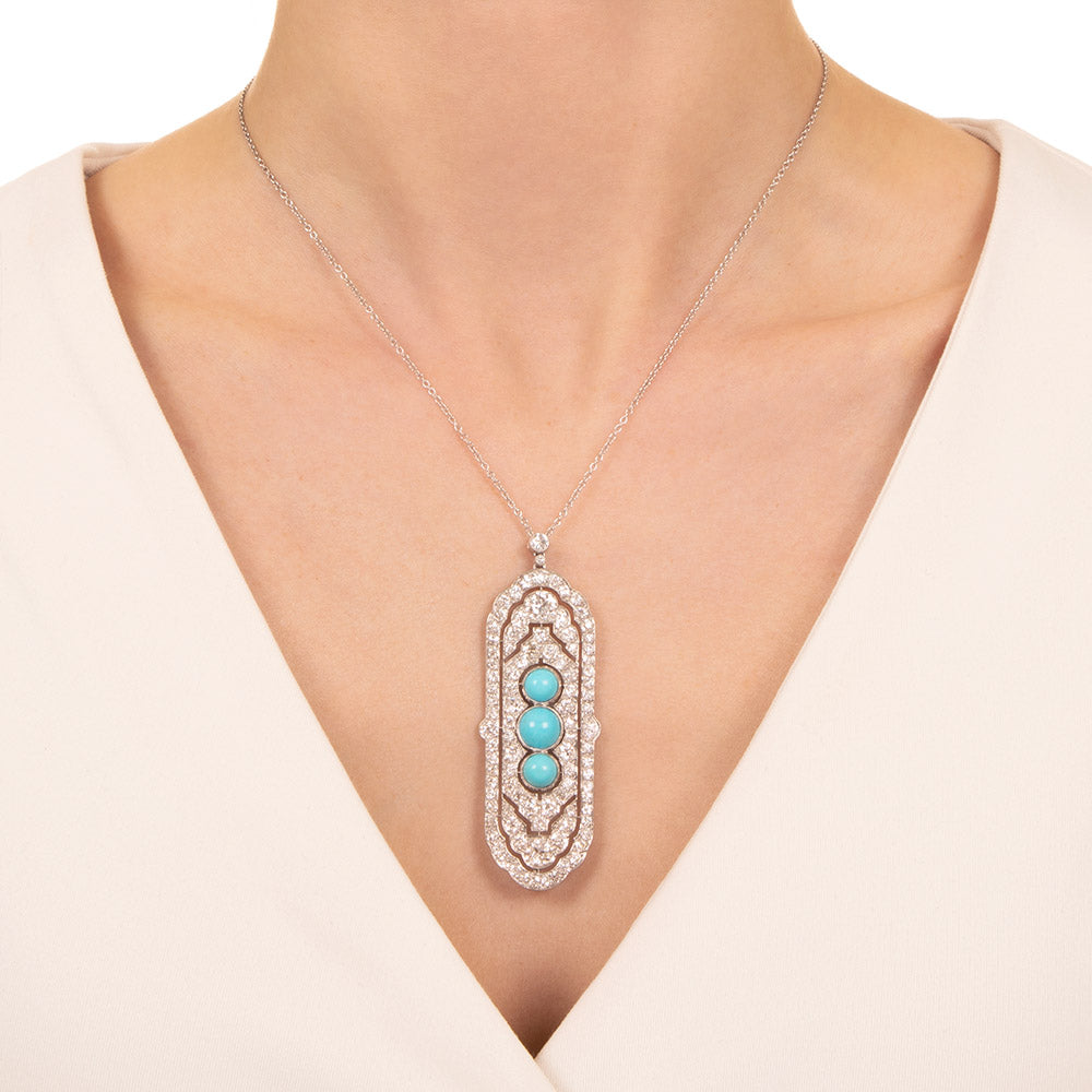 French Art Deco Turquoise and Diamond Pendant - 4