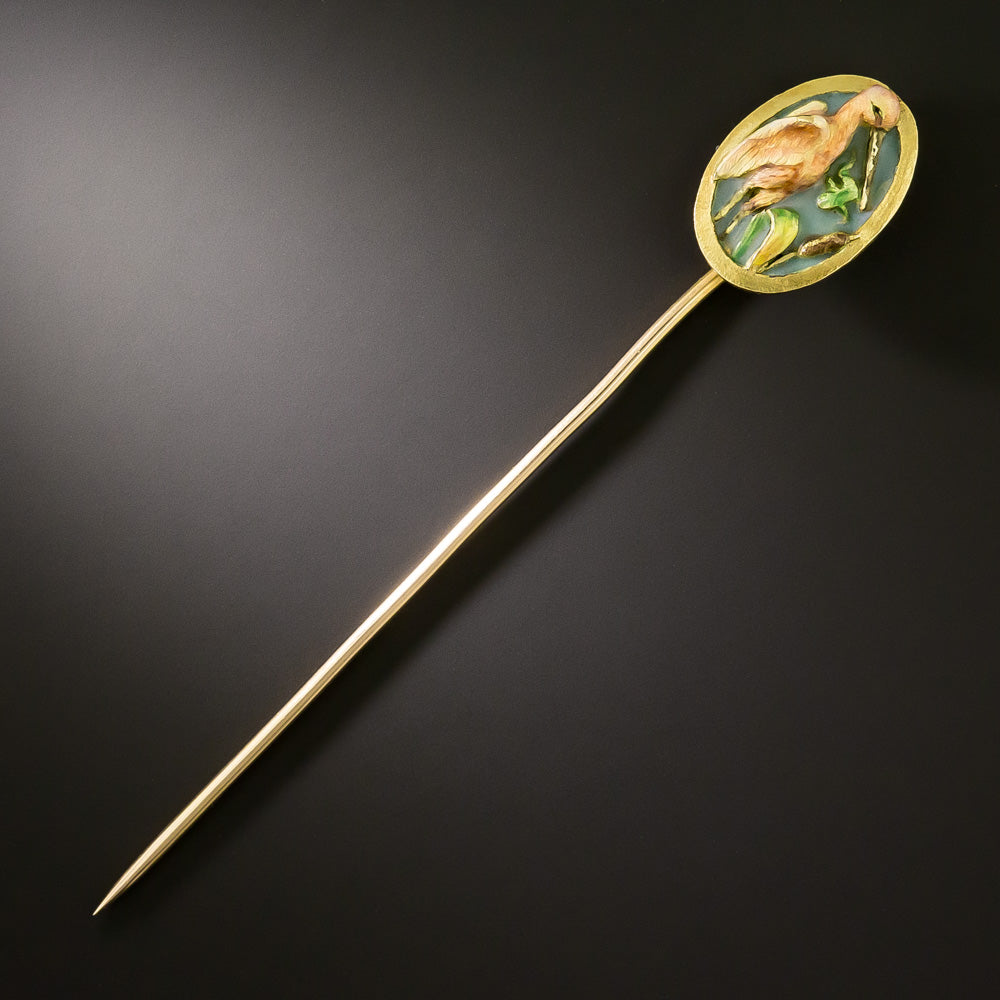 French Art Nouveau Stork and Frog Plique-A-Jour Stickpin - 2