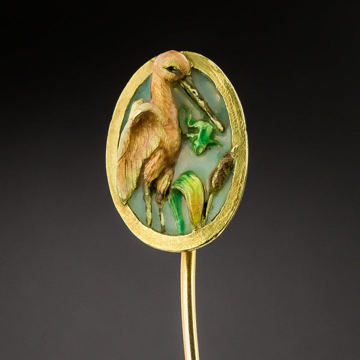 French Art Nouveau Stork and Frog Plique-A-Jour Stickpin