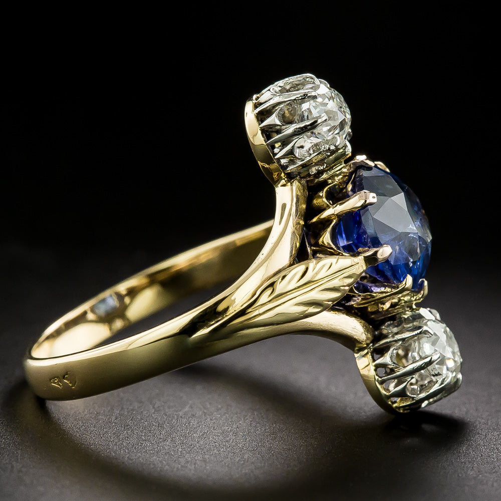 French Belle Epoque 2.67 Carat Sapphire and Diamond Three-Stone Ring - GIA - 3