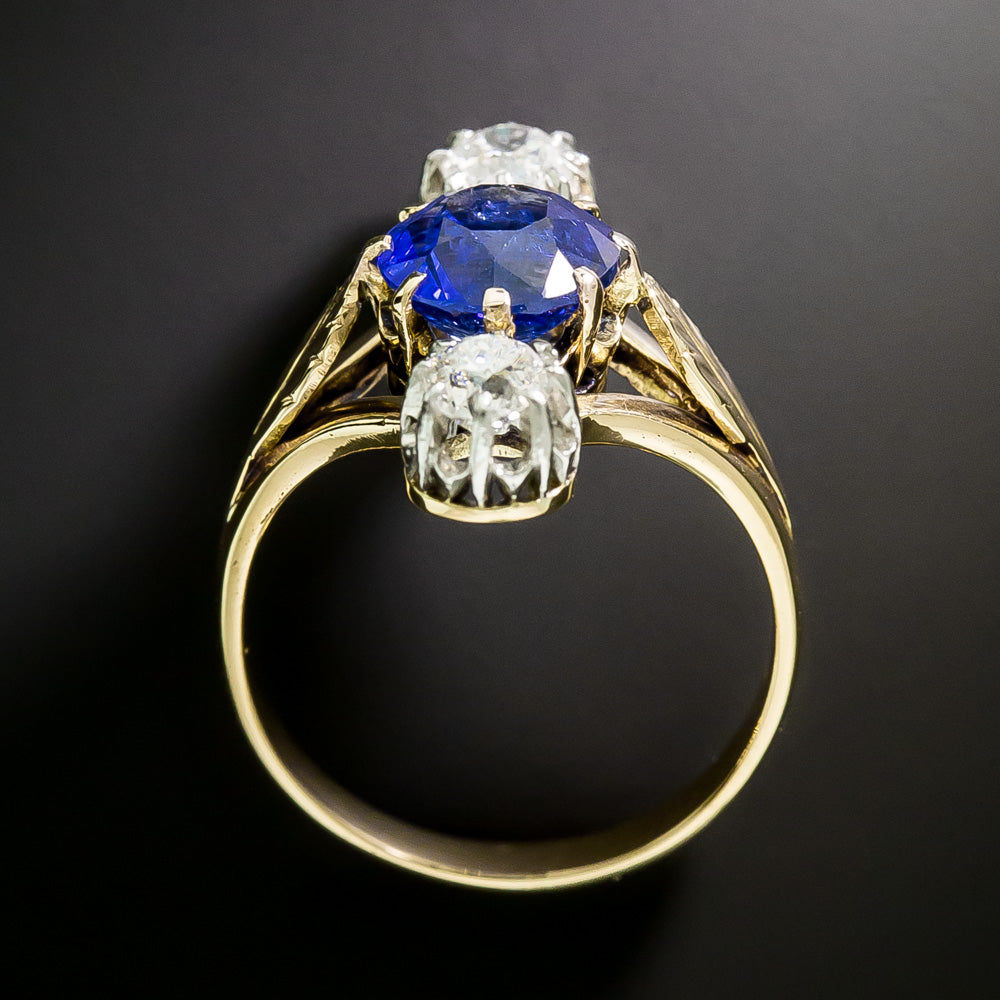 French Belle Epoque 2.67 Carat Sapphire and Diamond Three-Stone Ring - GIA - 4