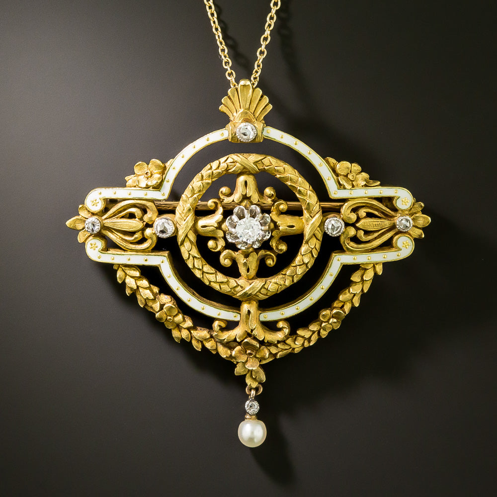 French Belle Époque Diamond and Enamel 18K Brooch/Pendant - 2