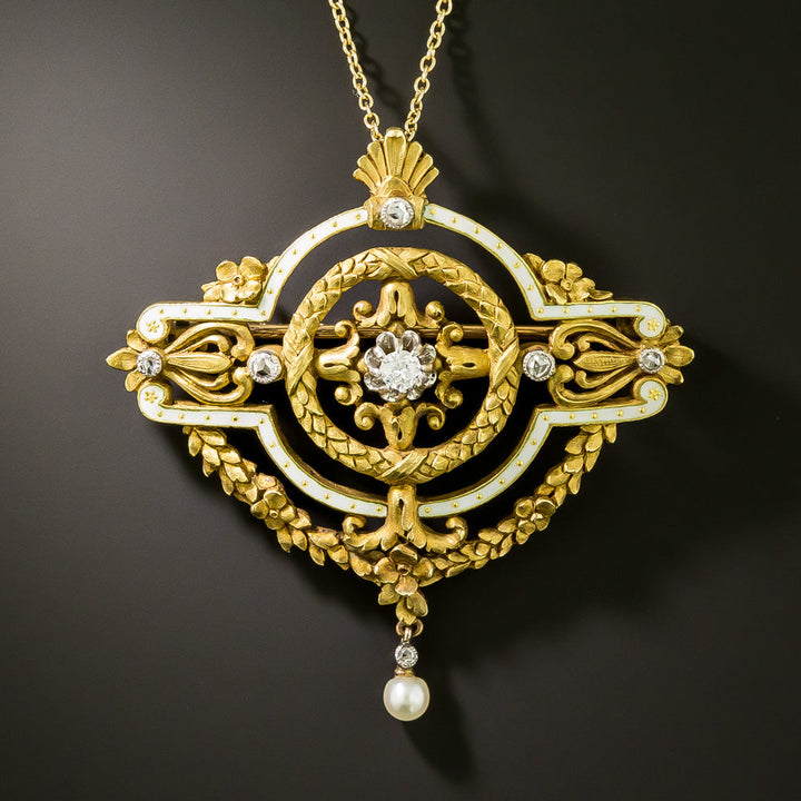 French Belle Époque Diamond and Enamel 18K Brooch/Pendant