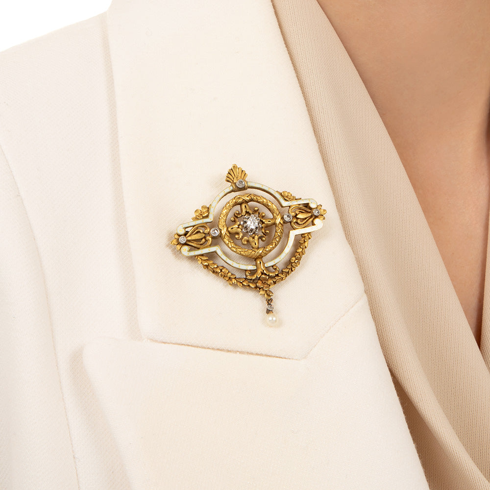 French Belle Époque Diamond and Enamel 18K Brooch/Pendant - 5