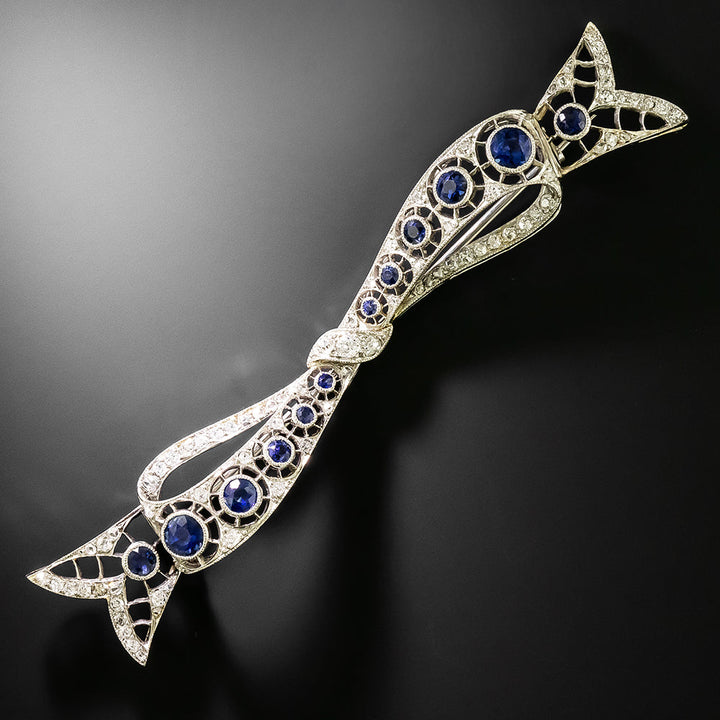 French Belle Epoque Diamond and Sapphire Flowing Bow Brooch