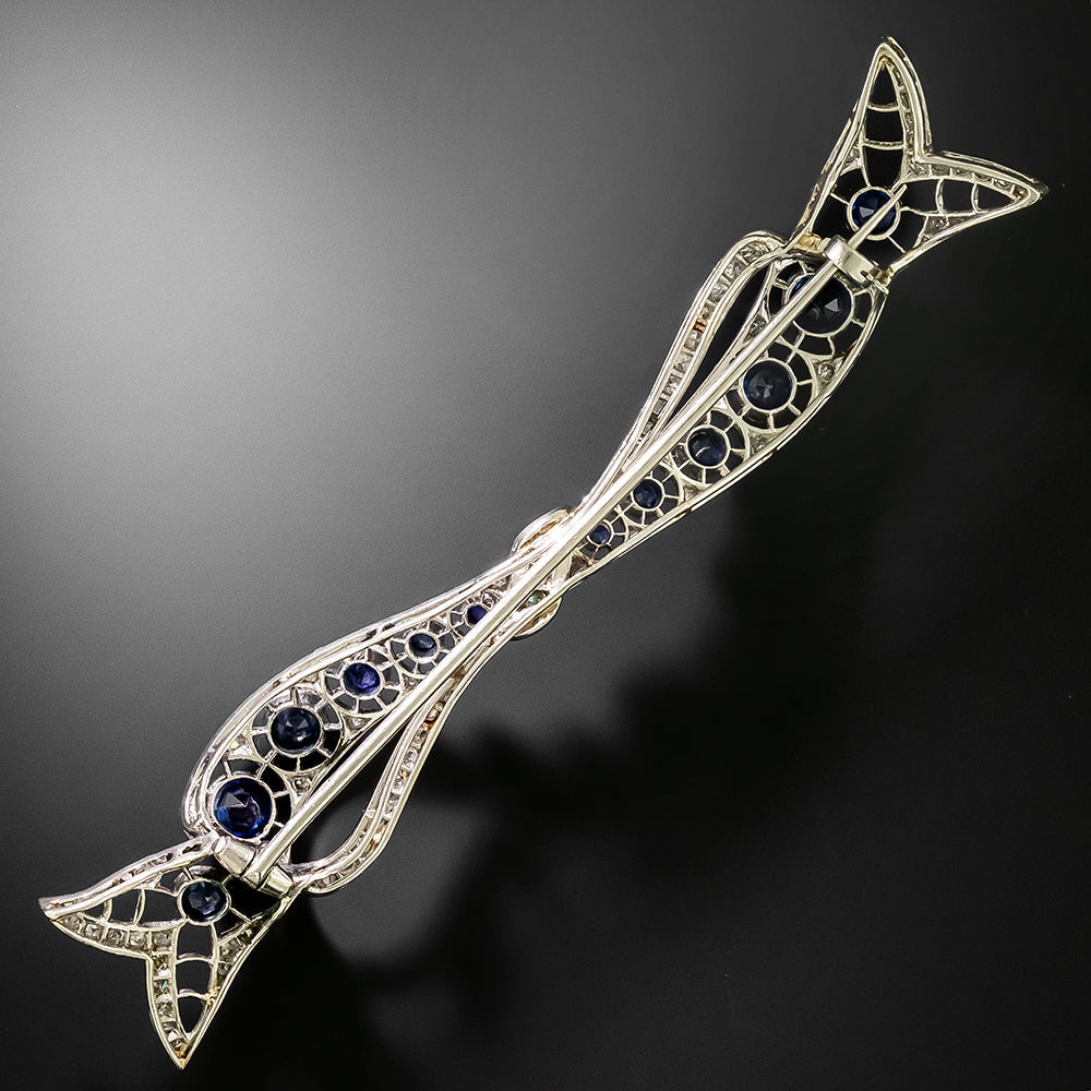 French Belle Epoque Diamond and Sapphire Flowing Bow Brooch - 3