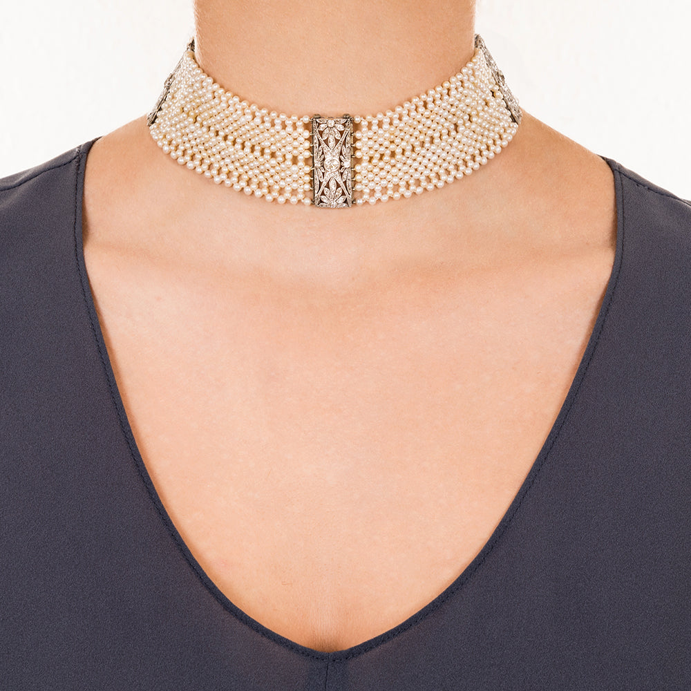 French Belle Èpoque Diamond and Seed Pearl Choker - 8