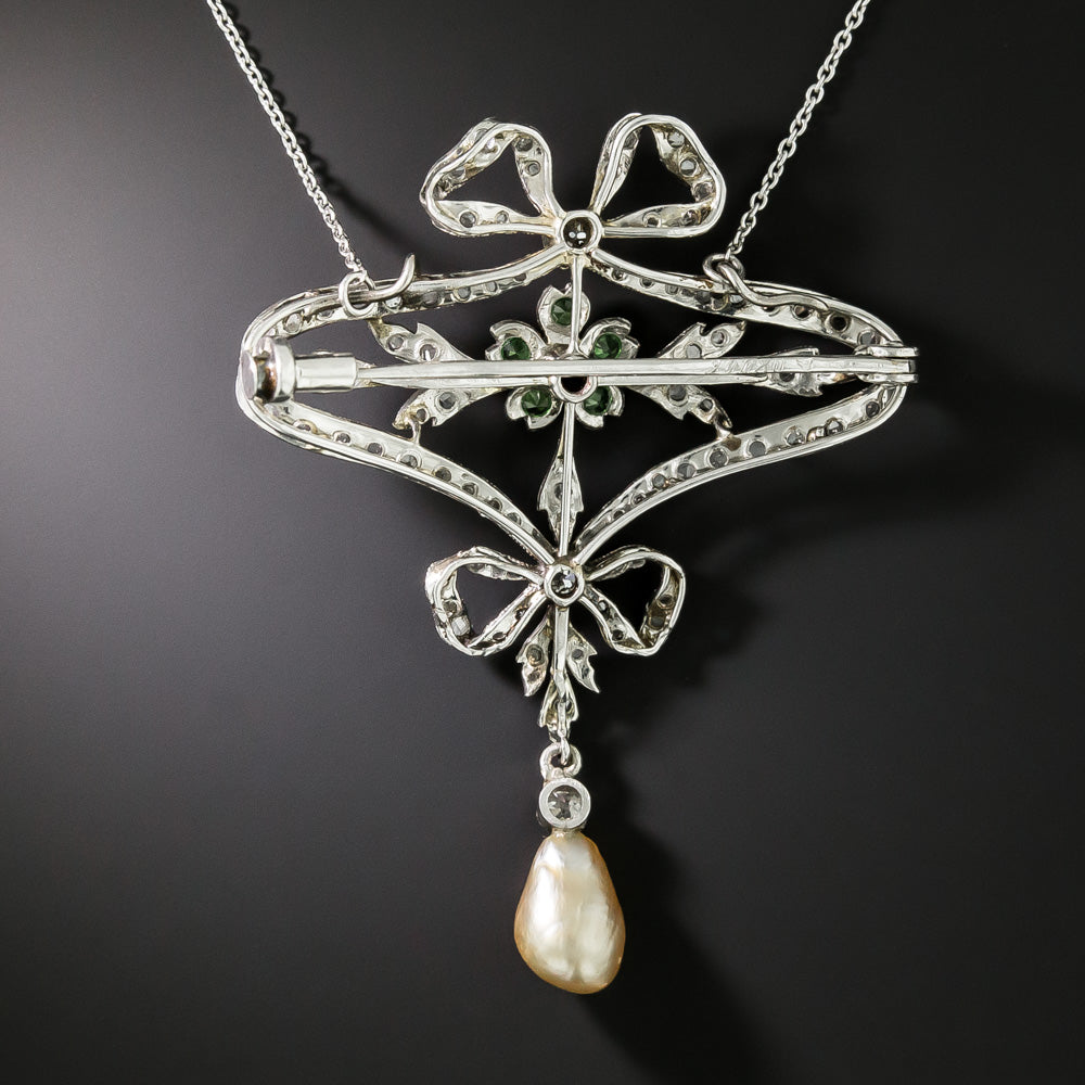 French Belle Epoque Diamond, Demantoid Garnet and Natural Pearl Pendant/Brooch - GIA  - 3