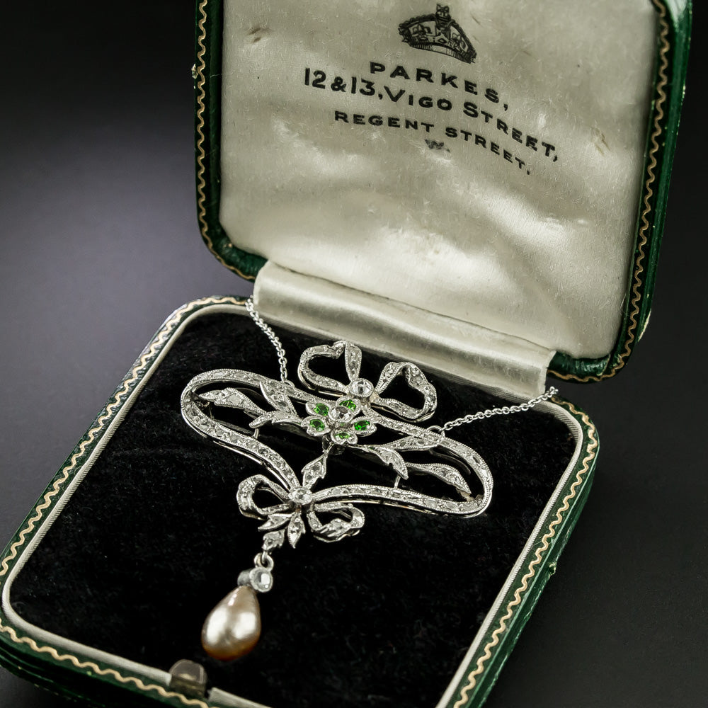 French Belle Epoque Diamond, Demantoid Garnet and Natural Pearl Pendant/Brooch - GIA  - 4