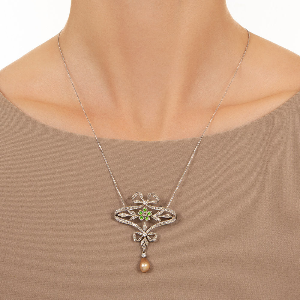 French Belle Epoque Diamond, Demantoid Garnet and Natural Pearl Pendant/Brooch - GIA  - 5