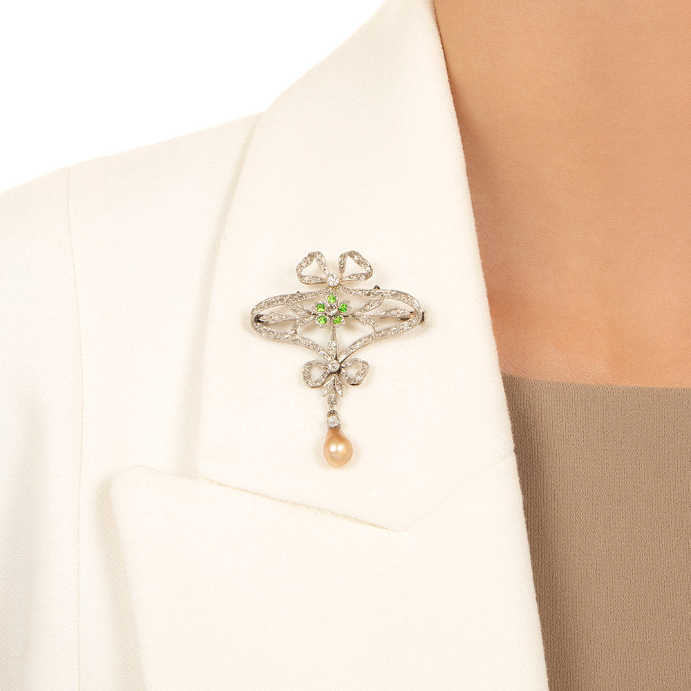 French Belle Epoque Diamond, Demantoid Garnet and Natural Pearl Pendant/Brooch - GIA  - 6