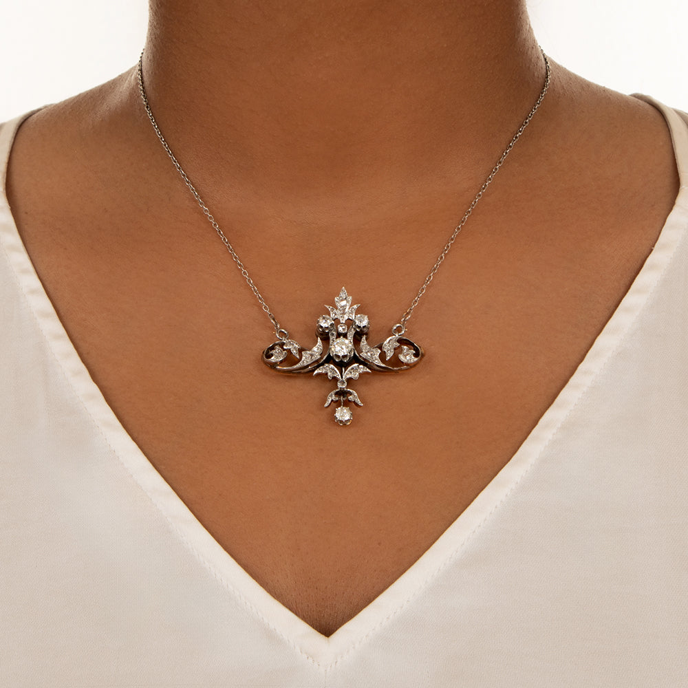 French Belle Epoque Diamond Scroll Necklace/Brooch - 2