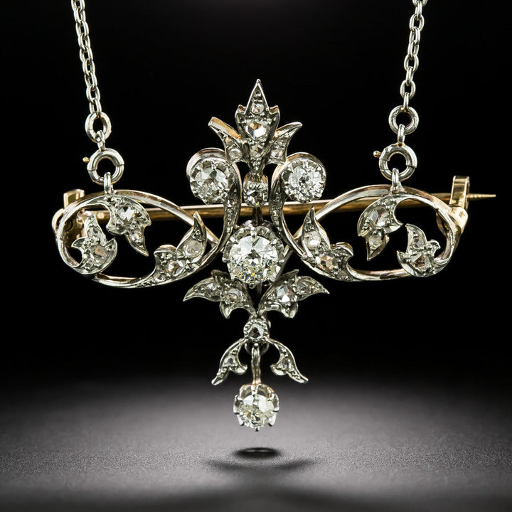French Belle Epoque Diamond Scroll Necklace/Brooch