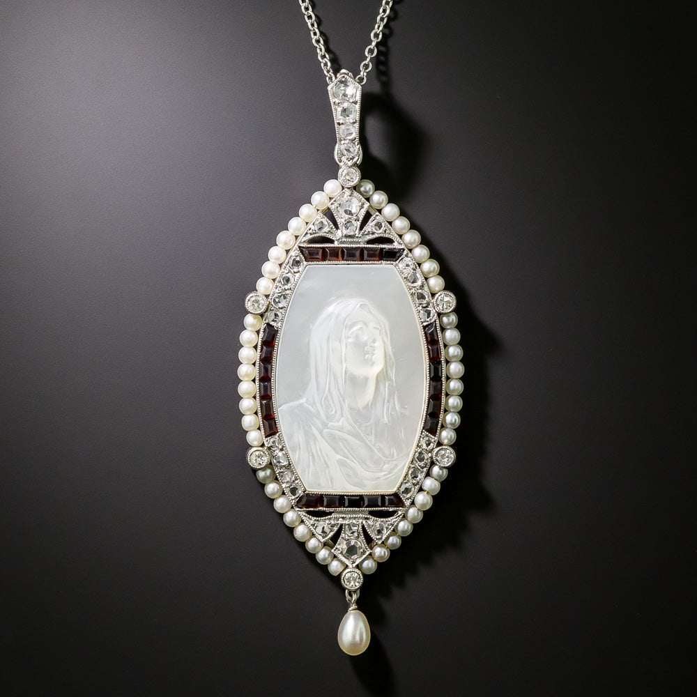 French Belle Époque Mother-of-Pearl, Diamond, Onyx and Natural Pearl Madonna Pendant - 2