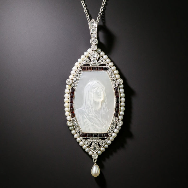 French Belle Époque Mother-of-Pearl, Diamond, Onyx and Natural Pearl Madonna Pendant