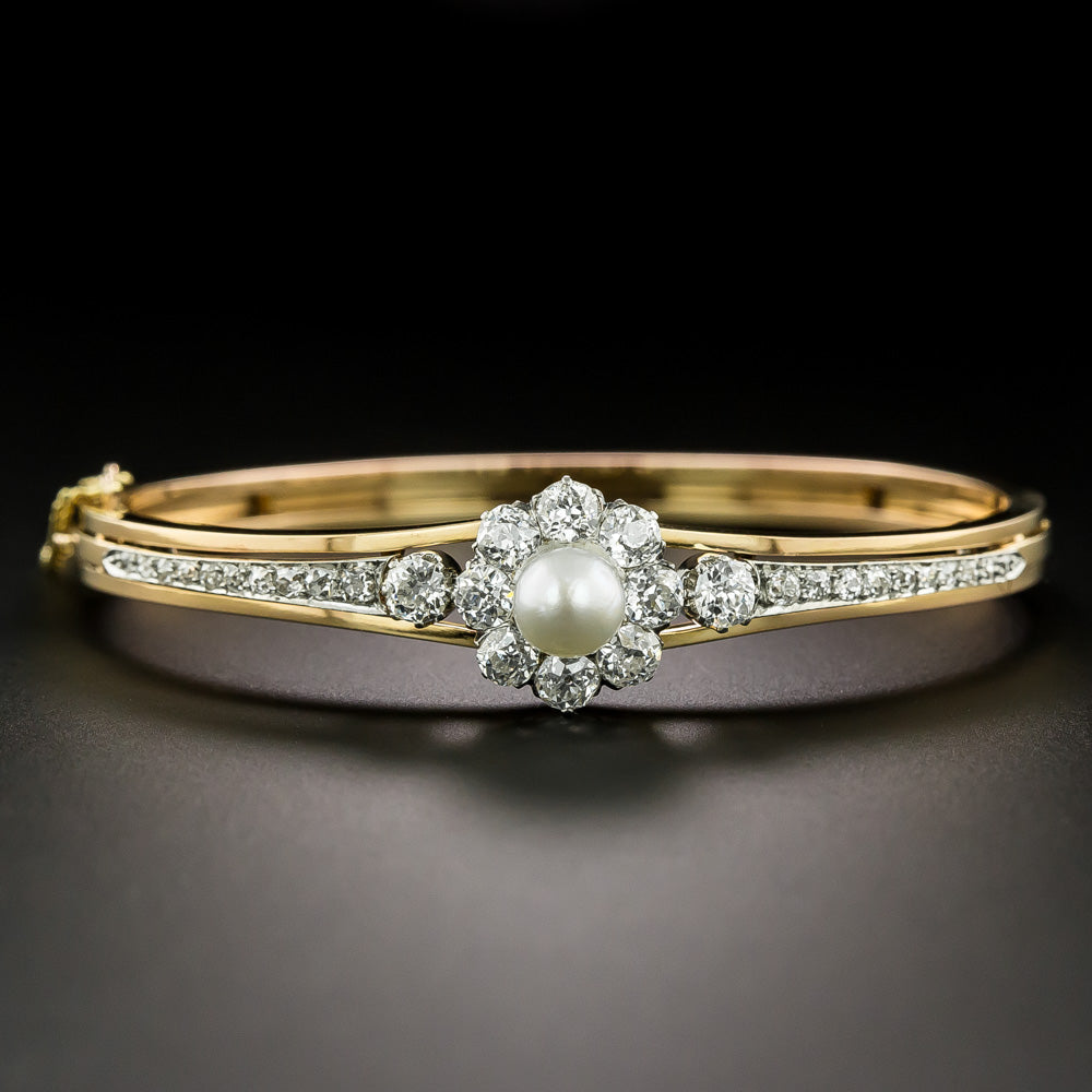 French Belle Epoque Natural Pearl and Diamond Bangle Bracelet - 2