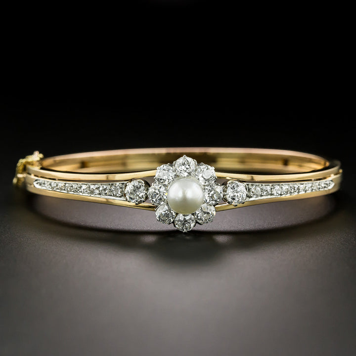 French Belle Epoque Natural Pearl and Diamond Bangle Bracelet